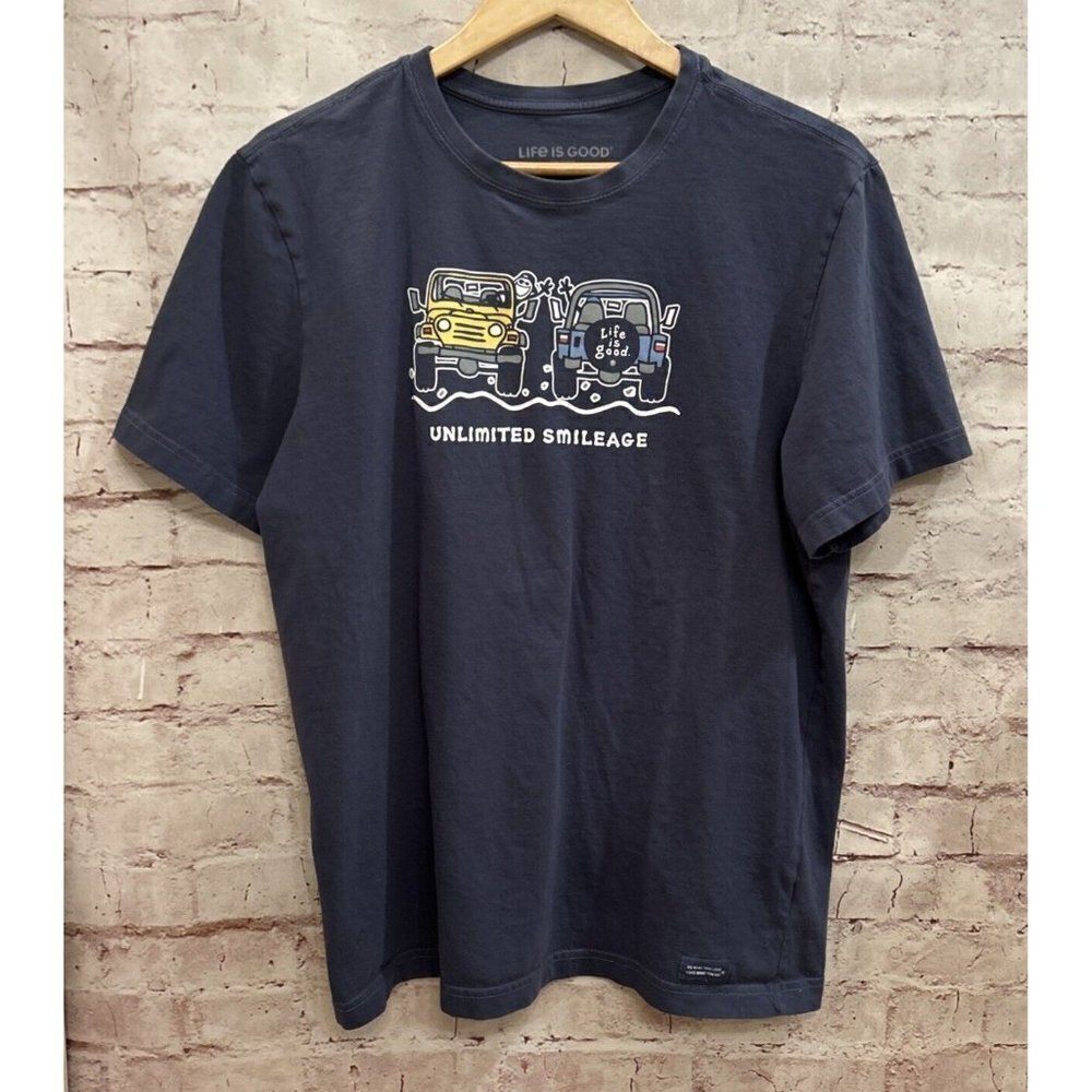 Life Is Good Mens LARGE Crusher T Shirt Jeep Blue Unlimited Smileage